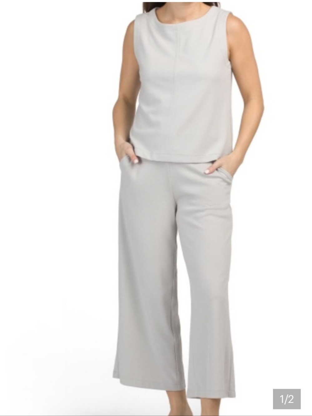 Max Studio London Light Gray Knit Cropped Tank Top Wide-Leg Pants Set S XL NWT